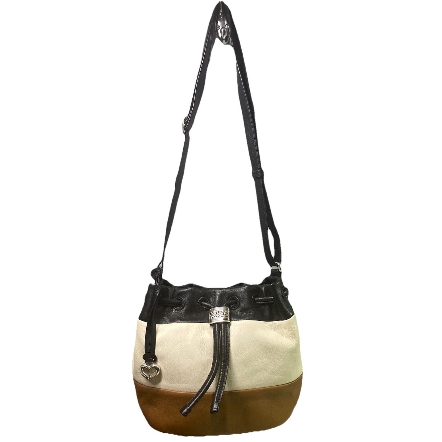 Brighton Bucket Shoulder Bag Hobo Crossbody Purse Heart Charm Black/Brown/Beige